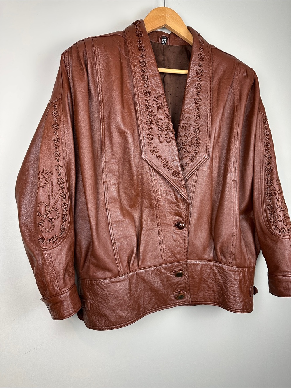 Vintage embroidered floral leather brown bomber jacket coat women’s boho hippie